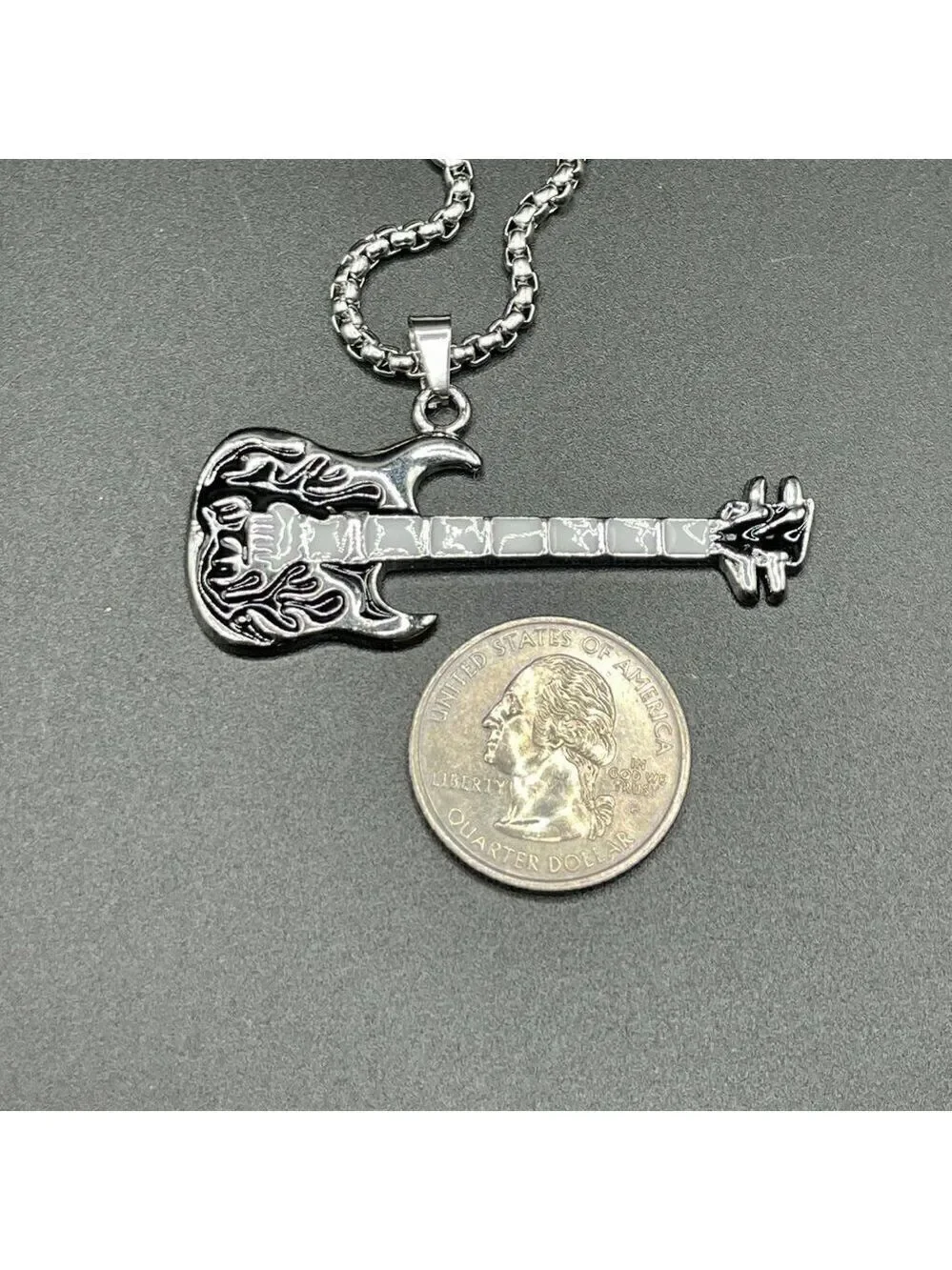 Emerald Green Flaming Guitar with White Neck Rocker Necklace and Pendant 1559